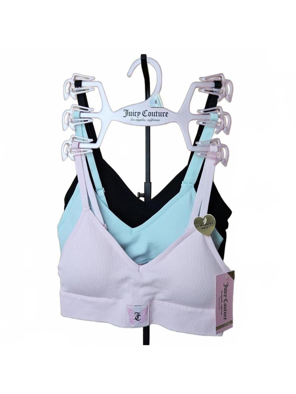 Juicy Couture 3-Pack Ribbed Bralettes Bras Removable Pads Size S Pink Aqua Black